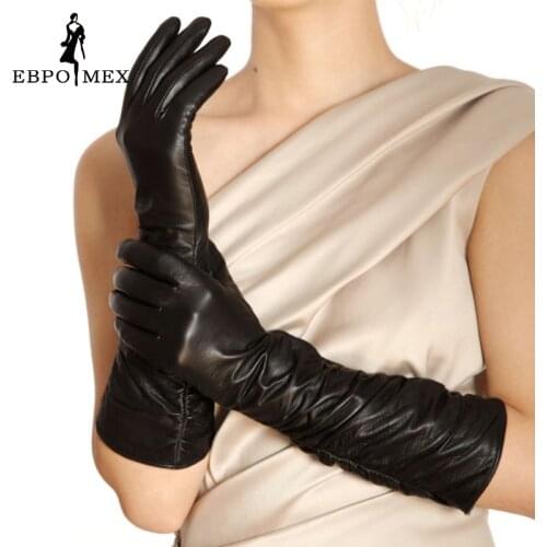 Women leather gloves,Genuine Leather,Cotton,Adult,Black,shirring design Length 45-48CM, Spandex, leather gloves