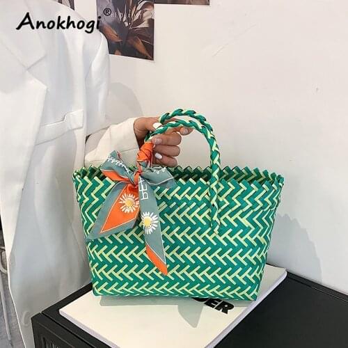 Women Casual Straw Bag Retro Hit Color Tote Bag Scarves Fashion Woven Shopping Bag ML118