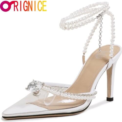 Orignice Luxury Summer Inlaid Pearl Rhinestone Slingback Sandals Ladies Stilettos High Heel Wedding Pointed Bridal Party Shoes