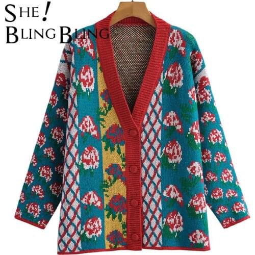 SheBlingBling Za Woman 2021 Pull Autumn Winter Flowers Argyle Pattern Fashion Loose Knit Cardigan Single Breasted Traf Sweaters
