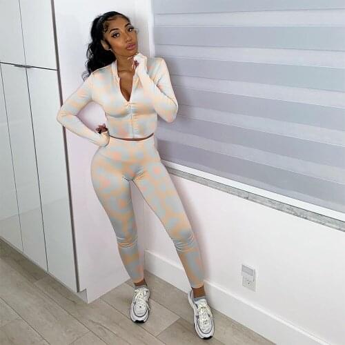 Leopard Print Casual Two Piece Sport Suit Women Zipper Front Full Sleeve Crop Top and Pencil Legging Streetwear Club Outfits