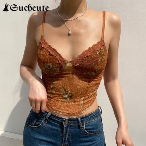 SUCHCUTE Flower Print Vintage Brown Crop Tops For Women Y2K Aesthetic V-Neck Lace Trim Skinny Tank Top 2021 Summer Mesh Camisole