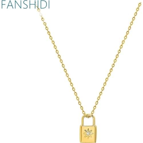 FANSHIDI Stainless Steel Six-Pointed Star Lock Pendant Zircon Necklace For Women Rhinestone Padlock Necklace