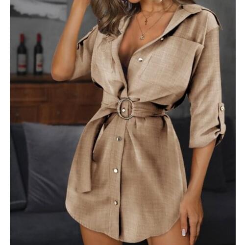 Half Sleeve Shirt Dress for Women Solid Color Turn Down Collar Short Dress Buttons Down Ladies Elegant Slim Fit Mini Dress
