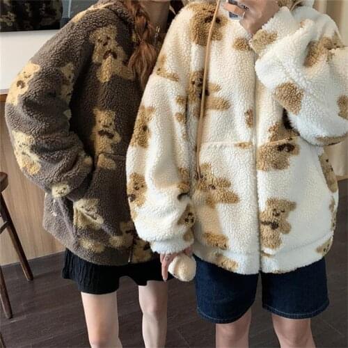 Cute Bear Lamb Wool Coat Women Winter Fuzzy Plush Hoodie Jacket Streetwear Korean Cartoon Bear Print Loose Hoodies Coat