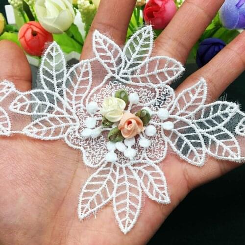 10pcs 3D Colorful Flower Mesh Leaf Embroidered Lace Trim Fabric Ribbon Handmade Applique Wedding DIY Sewing Craft 9.2cmx10.5cm