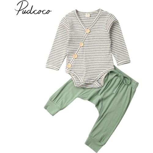 2019 Baby Spring Autumn Clothing 2pcs Newborn Baby Boys Tops Long Sleeve Striped Bodysuit Jumpsuit Pants Ribbed Outfits Clothes