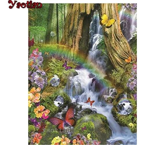 Diamond Embroidery Diamond Painting Waterfall Butterfly Flower Forest 5D Diamond Mosaic Full Square Round Drill Wall Stickers
