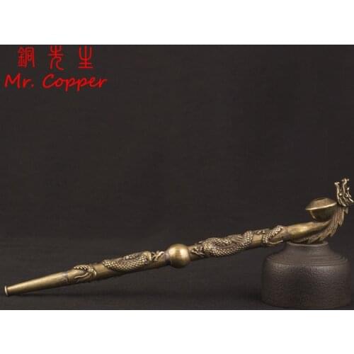 Antique Copper Long-Stemmed Dragon Carved Tobacco Pipe Ornament Vintage Handmade Metal Brass Smoking Cigarette Accessories Gifts
