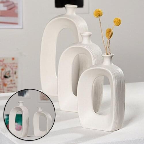 White Ceramic Flower Vases Hollow Oval Matte Design Vases Modern Geometric Vases Figurines Ornament for Living Room GQ