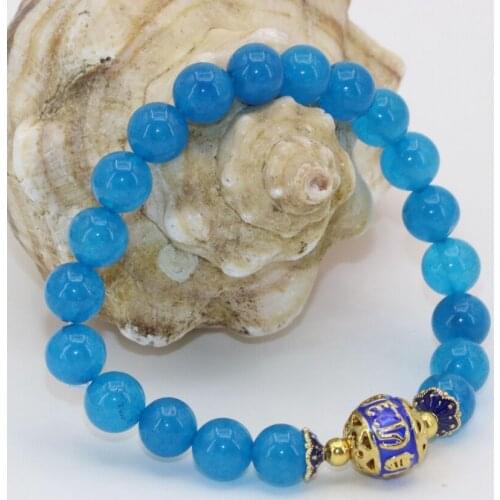8mm Blue Round Beads Chalcedony Natural Stone Jades Gold-color Cloisonne Bracelets New Arrival Fine Jewelry Making 7.5inch B2701