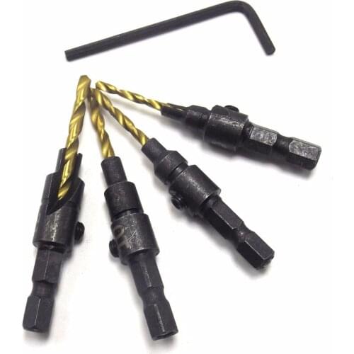 HOEN 4pcs / set Quick Change Hex Shank Tapered Titanium Countersink Drill Cone Bit Set Hole Saw Woodworking Tools + Small wrench