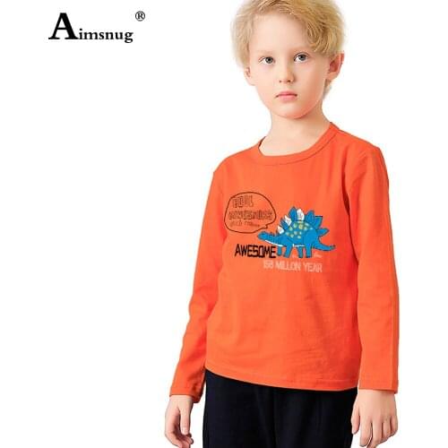 Children Dinosaur Print T-shirt Round Neck Long Sleeve 2021 Autumn Tees Unisex Boys Girls Sweet Cute Shirt Kids Patchwork Tops