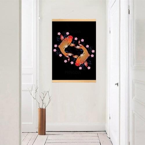Home Decoration Modern Japan Carp Wall Artwork Picture Wooden Scroll Hanging Painting Print Canvas Flower Poster For Living Room