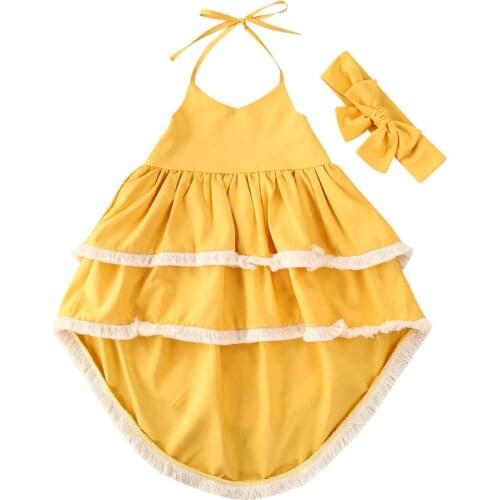 Focusnorm Summer 1-6Years Kids Baby Girls Outfit Set Yellow Sleeveless Two-layer Dress and Headband 2Pcs Dress Set