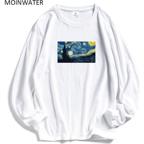 MOINWATER Women New Cotton Long Sleeve T shirt Lady Abstract Pattern Tees Female Soft Black White Base T-shirts Tops MLT2020