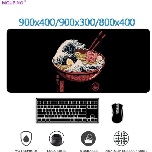 Japanese Cuisine Surfboard Pad Black Background Anime Mouse Pad Gamer Keyboard Desk Mat Gaming Accessories Great Wave Mousepad