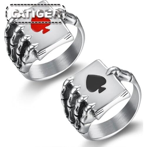 Free Shipping Punk Vintage 316L Stainless Steel Mens Skull Hand Claw Poker Playing Card Design Ring Black Red Epoxy Heart Rings