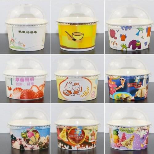 50pcs Disposable cute cartoon ice cream paper bowl thick fried yogurt bowl 260ml small salad soup food paper cup with lid