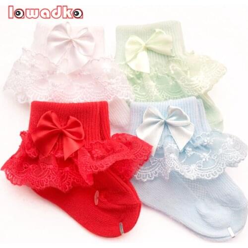 Lawadka 4Pairs/lot Solid Bow Lace Baby Socks Newborn Cotton Warm Baby Girls Sock Cute Toddler Socks Size SandM