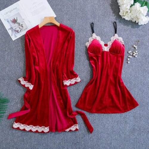 Sexy Women Velour Night Robe 2PC Strap Top Suit Sleepwear Sets Casual Winter Pajamas Home Wear Nightwear Sleep Kimono Bath Gown