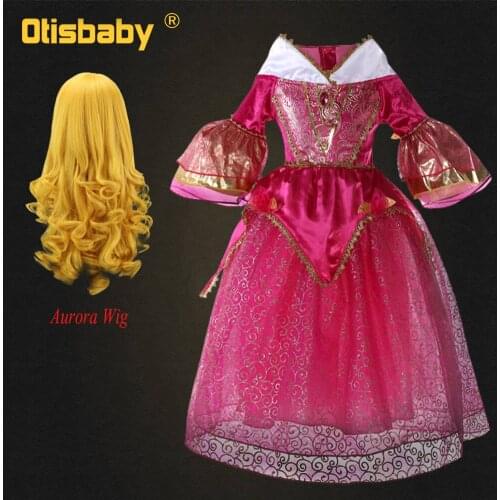Girls Aurora Dress Bebe Pink Sleeping Beauty Dress Up Floral Flare Sleeve Gorgeous Pageant Gown for Girls Children Aurora Wig