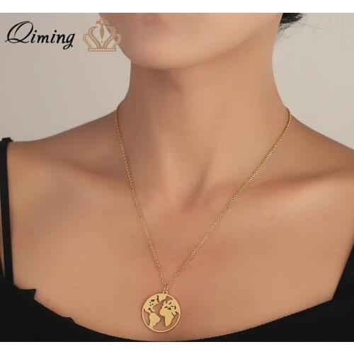 QIMING World Map Globe Pendant Necklace For Women Round Circle Stainless Steel Best Friend Necklace Men Jewelry Collier