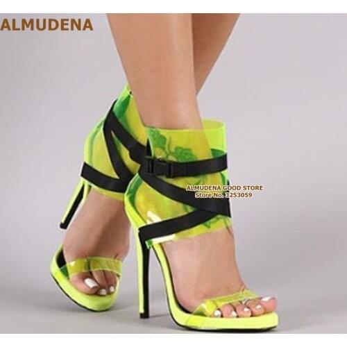 ALMUDENA Lime Green Clear PVC Dress Sandals Orange Transparent Buckle Strap Dress Shoes Cross Strappy Patchwork Ladies Pumps