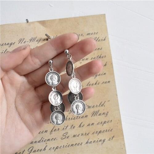 Vintage Long Tassel Alloy Coins Human Face Figure Earrings Popular Jewelry Dangle Earrings for women