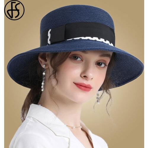 FS Fashion Wide Brim Women Sun Hat For Summer Blue Black Pink Panama Foldable Beach Caps Ribbon Bow Sun Visor Straw Hats