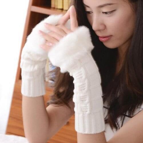 Women Warm Fingerless Solid Color Mid-Length Arm Sleeve Faux Rabbit Fur Cuffs Gloves Winter High Elastic Wool Knitted Gloves