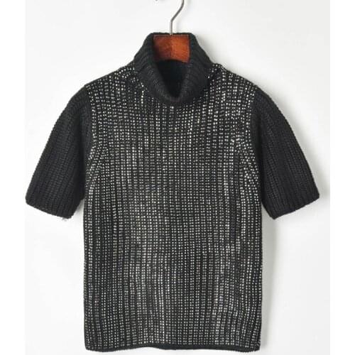 Trendy Hot Drill High Collar Pile Collar Short-sleeved Sweater Pullover Lady