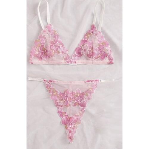 Women Sexy Lingerie Floral Embroidery Underwear Perspective Sensual Lingerie Lace Erotic Night Bra and Thong 2 Pieces Set