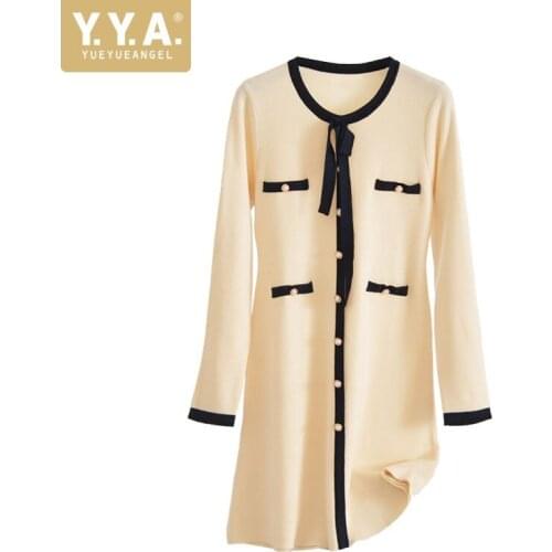 High Quality Elegant Dress Women Spring Autumn Long Sleeve Wool Knitting Dress Vintage Single Breasted Design Lady Short Dresses