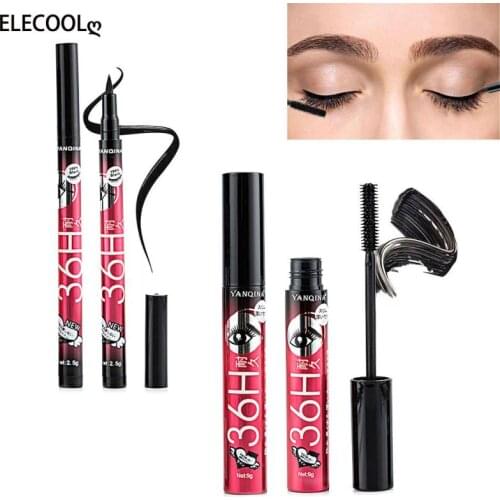 ELECOOL 2pcs/set Black Mascara Lengthening Black Eye Lashes Extension Curling Waterproof With Black Eyeliner Make Eyes Bigger