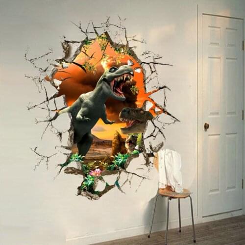 3d broken wall Dinosaurs Wall Stickers Home Decoration Cartoon Living Room Jurassic Period Animals Decal Mural Art Poster