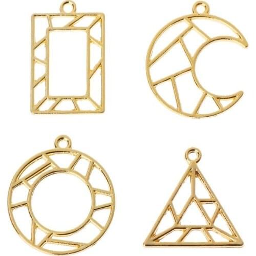 4Pc Geometric Shape Open Bezel Charm Pressed Flower Blank Frame Hollow Pendant