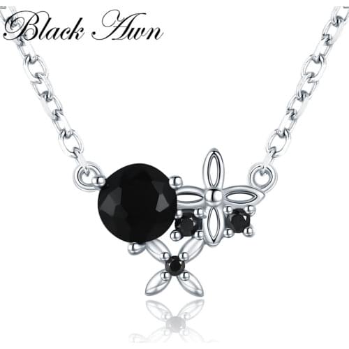 [BLACK AWN] Trendy 925 Sterling Silver Necklace for Women Flower Black Spinel Necklaces Pendants Sterling Silver Jewelry K035