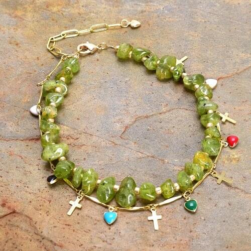 Real Olivine with Chain Cross Heart Charm Pendant Anklet 2 Layers Strands Bracelet Femme Fashion Women Teen Girls Beach Jewelry