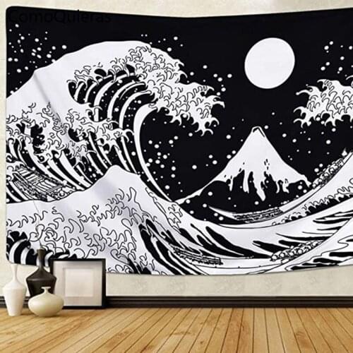 Black and White Japanese Style Tapestry Wave Landscape Wall Hanging Cloth Moon Poster Painting Art Mural Room Decoration