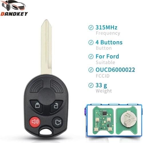 Dandkey 4 Buttons Remote Car Key For Ford Escape Focus Explorer C-Max Edge Lincoln 315Mhz ID63 Chip 80Bit OUCD6000022 FO38 Uncut