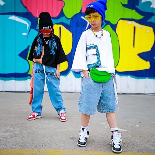 ChildrenS Hiphop Street Dance Costumes Boys Short Sleeved Jeans Girls Hip Hop Loose Costumes Jazz Modern Dance Clothes DQS7263