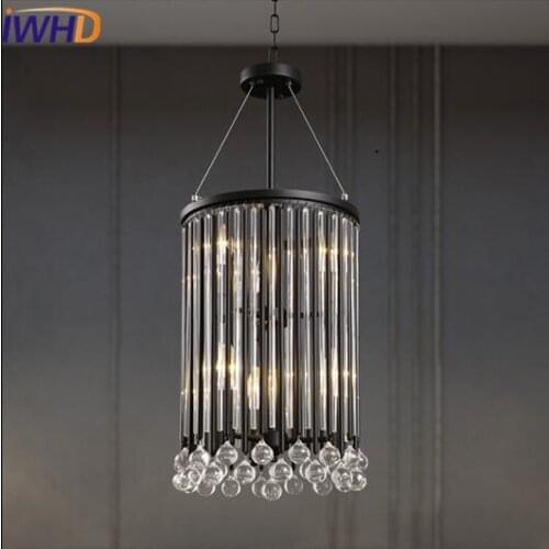IWHD Crystal Loft Vintage Industrial Lighting Hanging Lamp LED 6 Heads Retro Iron Black Pendant Light Fixtures Lighting Stairs