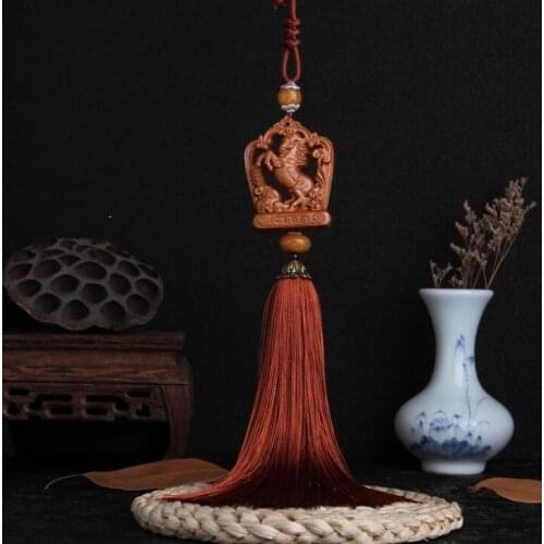 Chinese Double-sided Peach Wood Carved Zodiac Aniaml Horse Safe And Good Luck Exquisite Car Pendant Statue Gift