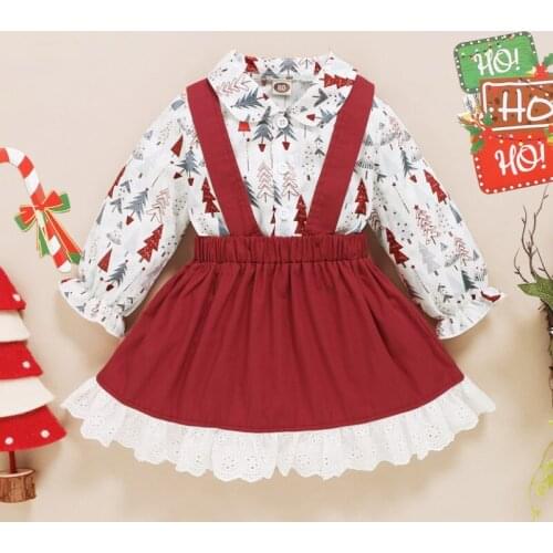 Little Girls Skirt Two Pieces Suit Fresh Leaves Print Long Sleeve Shirt and Flounce Suspender Skirt Spring Autumn