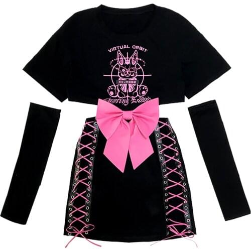 Summer Harajuku Sexy Black Printed Bandage Bow T-shirt Dress Hot Girl Fashion Temperament Sweet Short Sleeves Bare Waist Dress