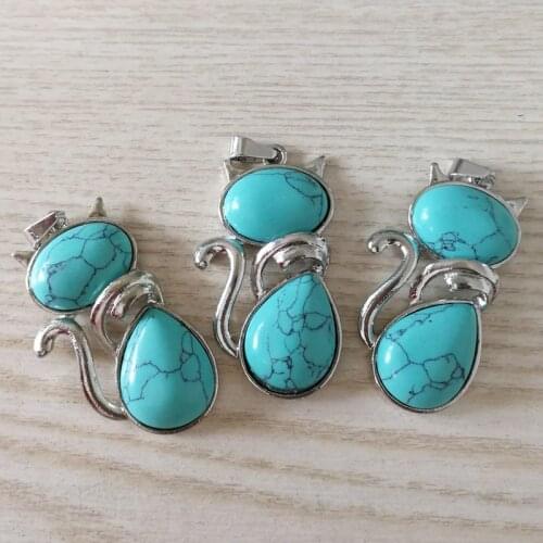 Fashion turquoises Stone Necklaces Pendants for Women Girl Cute Cat Shape Rock blue sand Beads Chain Reiki Jewelry 6pcs/lot