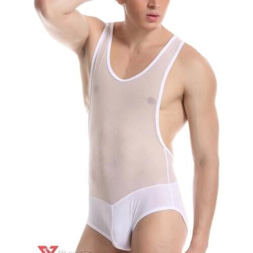 Mens mesh transparent tank top mens one-piece sexy solid color sports gym underwear and pajamas
