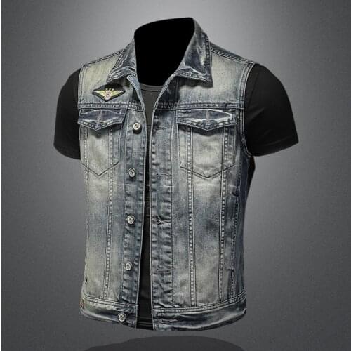 Mens Embroidered Badge Jeans Vest Men Slim Fashion Biker Motorcycle Denim Vests Single Breasted Vintage Sleeveles Jackets
