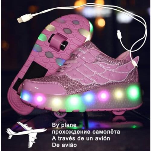 2020 New Glowing Sneakers on Wheels USB Charging Luminous Shoes Wheels LED Flashing Double Wheels Roller Skates Size 27-40